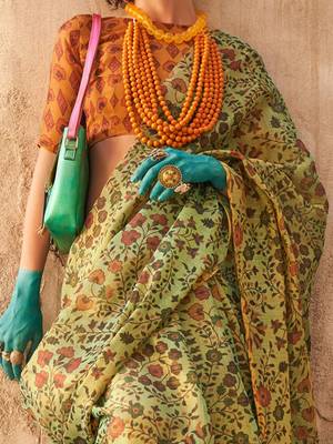 Green floral jaali tissue bagru saree 4
