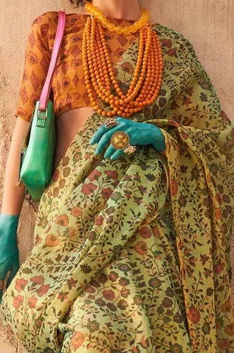 Green floral jaali tissue bagru saree