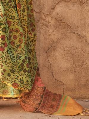 Green floral jaali tissue bagru saree 5