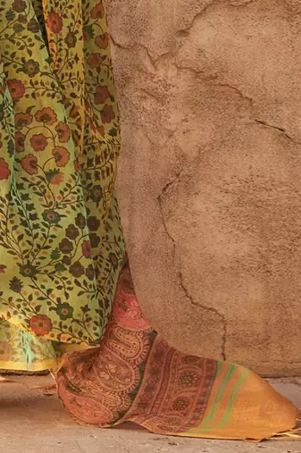 Green floral jaali tissue bagru saree