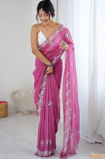 Pink floral embellished beads and stones  chiffon saree