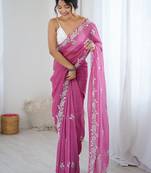Pink floral embellished beads and stones  chiffon saree
