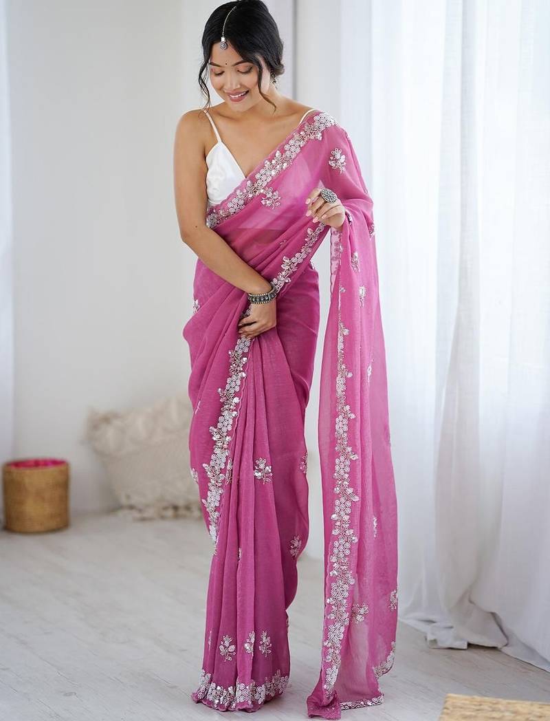 Pink floral embellished beads and stones  chiffon saree