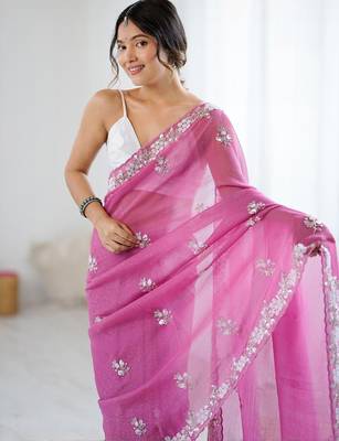 Pink floral embellished beads and stones  chiffon saree 2