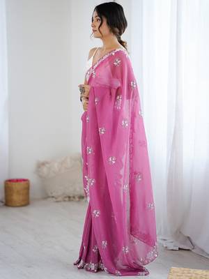 Pink floral embellished beads and stones  chiffon saree 3