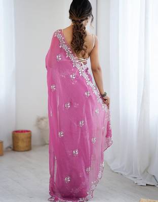 Pink floral embellished beads and stones  chiffon saree 4