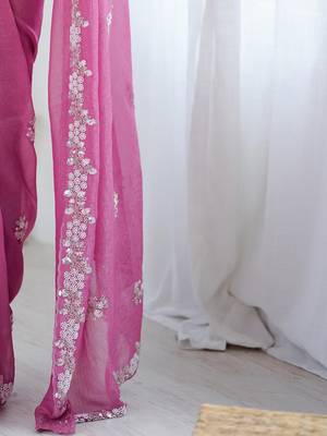 Pink floral embellished beads and stones  chiffon saree 5
