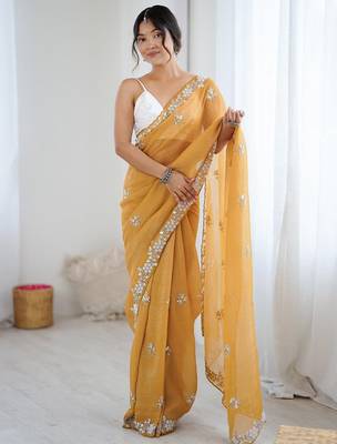 Mustard embellished beads and stones  chiffon designer saree 1