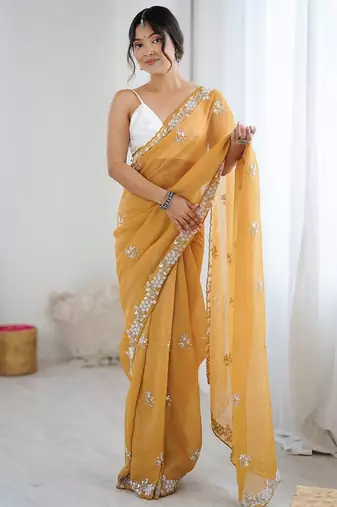 Mustard embellished beads and stones  chiffon designer saree