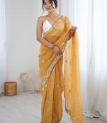 Mustard embellished beads and stones  chiffon designer saree