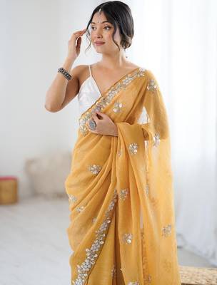 Mustard embellished beads and stones  chiffon designer saree 2
