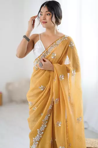 Mustard embellished beads and stones  chiffon designer saree