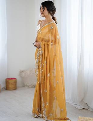 Mustard embellished beads and stones  chiffon designer saree 3