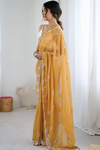 Mustard embellished beads and stones  chiffon designer saree