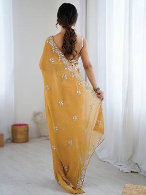Mustard embellished beads and stones  chiffon designer saree 4