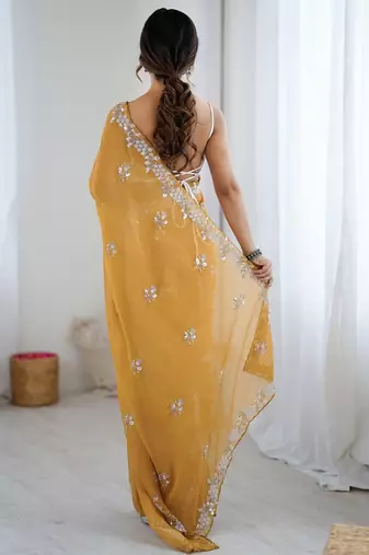 Mustard embellished beads and stones  chiffon designer saree