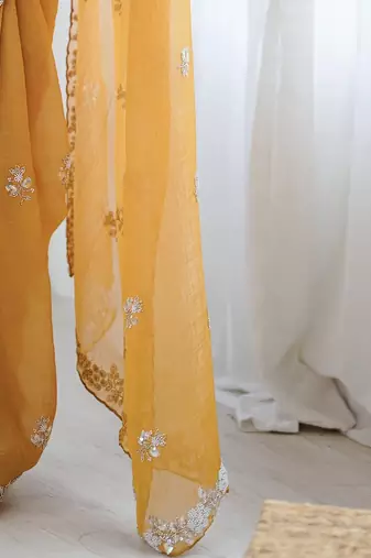 Mustard embellished beads and stones  chiffon designer saree
