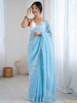 Blue embellished beads and stones  chiffon saree 1
