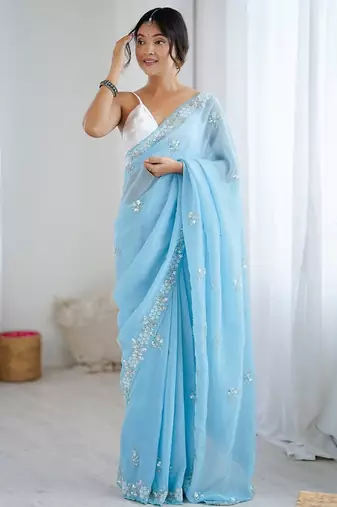 Blue embellished beads and stones  chiffon saree