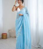 Blue embellished beads and stones  chiffon saree