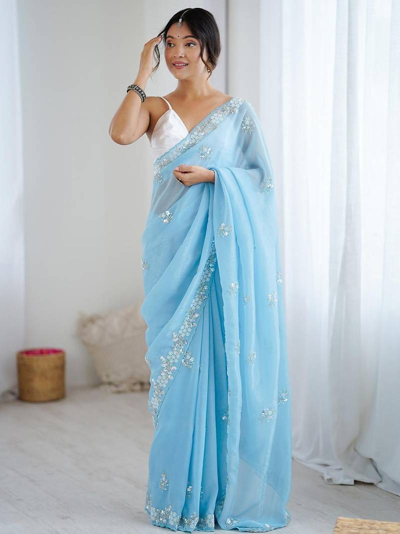 Blue embellished beads and stones  chiffon saree