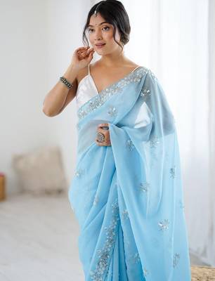 Blue embellished beads and stones  chiffon saree 2