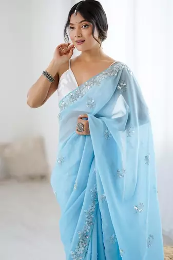 Blue embellished beads and stones  chiffon saree