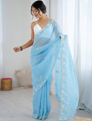 Blue embellished beads and stones  chiffon saree 3