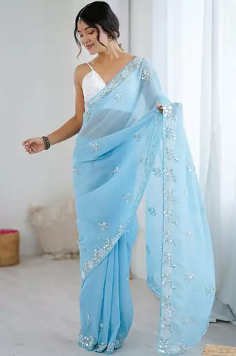 Blue embellished beads and stones  chiffon saree