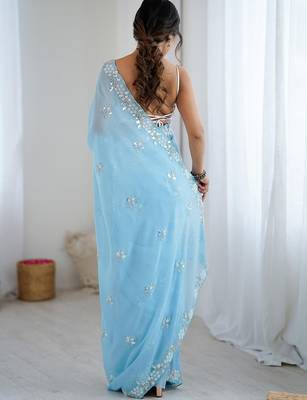 Blue embellished beads and stones  chiffon saree 4