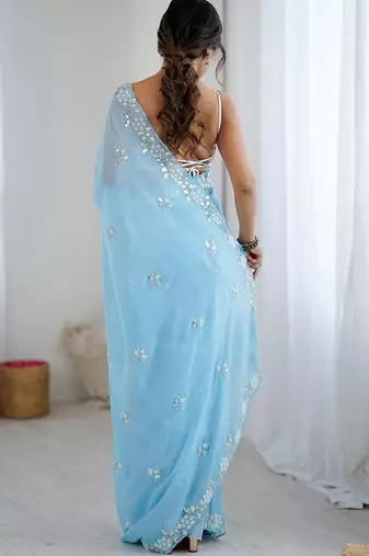 Blue embellished beads and stones  chiffon saree