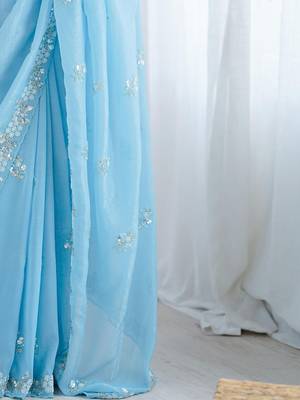 Blue embellished beads and stones  chiffon saree 5