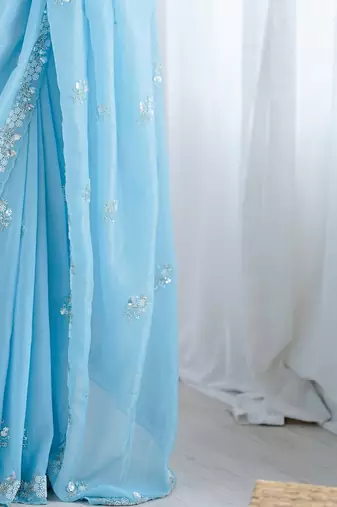 Blue embellished beads and stones  chiffon saree