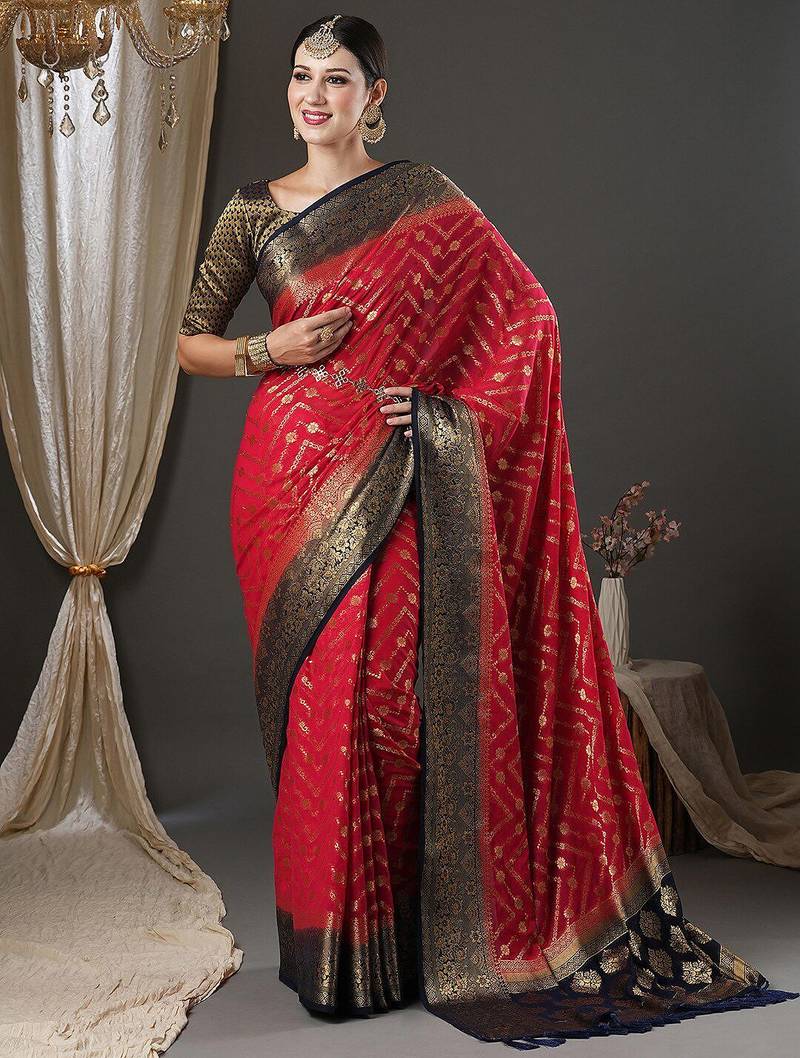 Pink pink & black ethnic motifs woven design zari  georgette kanjeevaram saree
