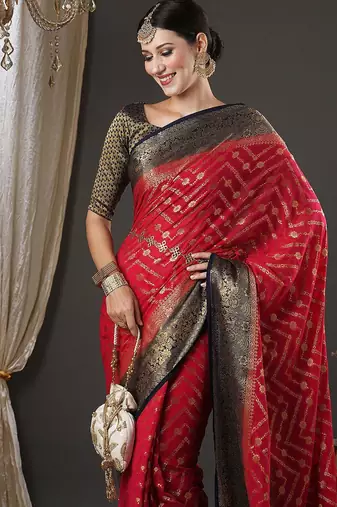 Pink pink & black ethnic motifs woven design zari  georgette kanjeevaram saree