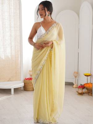 Yellow embellished sequinned  chiffon saree 1