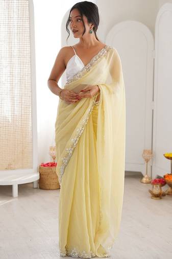 Yellow embellished sequinned  chiffon saree