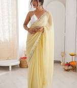 Yellow embellished sequinned  chiffon saree