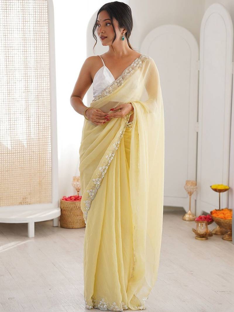 Yellow embellished sequinned  chiffon saree