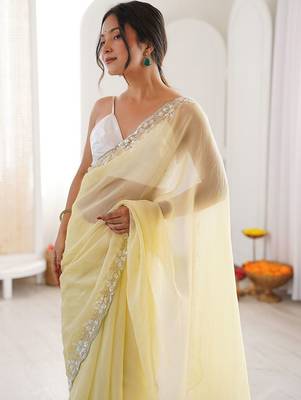 Yellow embellished sequinned  chiffon saree 2