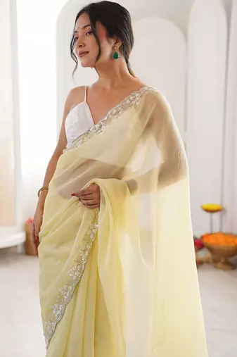 Yellow embellished sequinned  chiffon saree