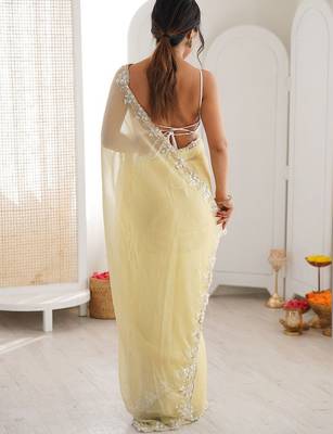 Yellow embellished sequinned  chiffon saree 3