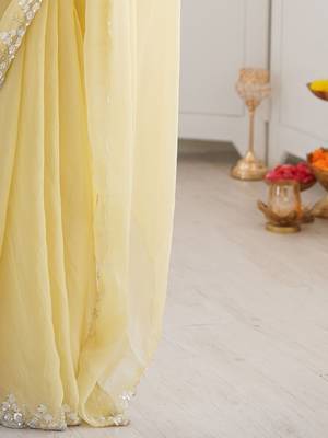 Yellow embellished sequinned  chiffon saree 4