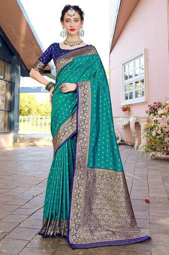 Turquoise turquoise blue & gold-toned ethnic motifs woven design zari banarasi saree
