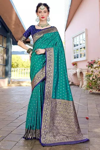 Turquoise turquoise blue & gold-toned ethnic motifs woven design zari banarasi saree