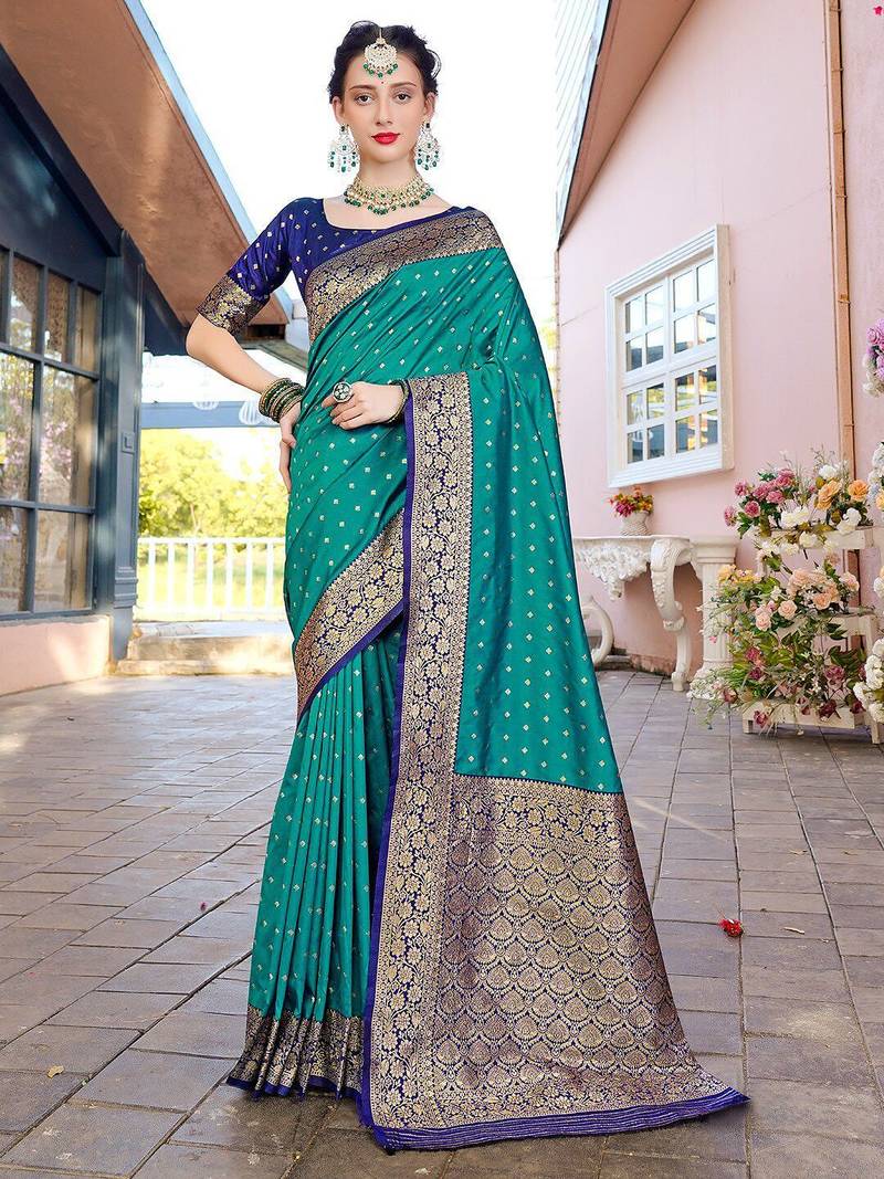 Turquoise turquoise blue & gold-toned ethnic motifs woven design zari banarasi saree
