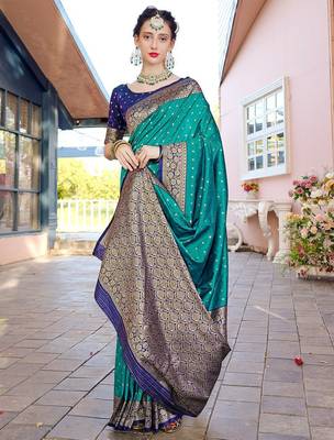 Turquoise turquoise blue & gold-toned ethnic motifs woven design zari banarasi saree 2