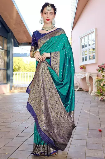 Turquoise turquoise blue & gold-toned ethnic motifs woven design zari banarasi saree
