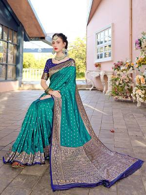 Turquoise turquoise blue & gold-toned ethnic motifs woven design zari banarasi saree 3