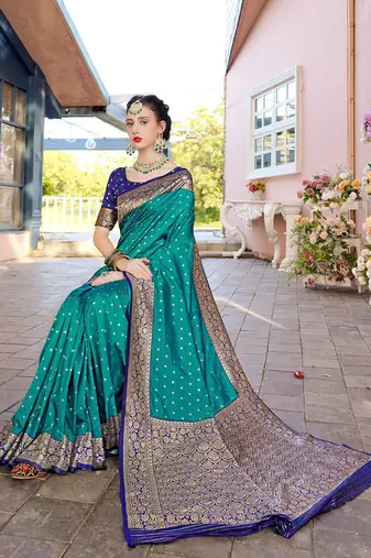 Turquoise turquoise blue & gold-toned ethnic motifs woven design zari banarasi saree